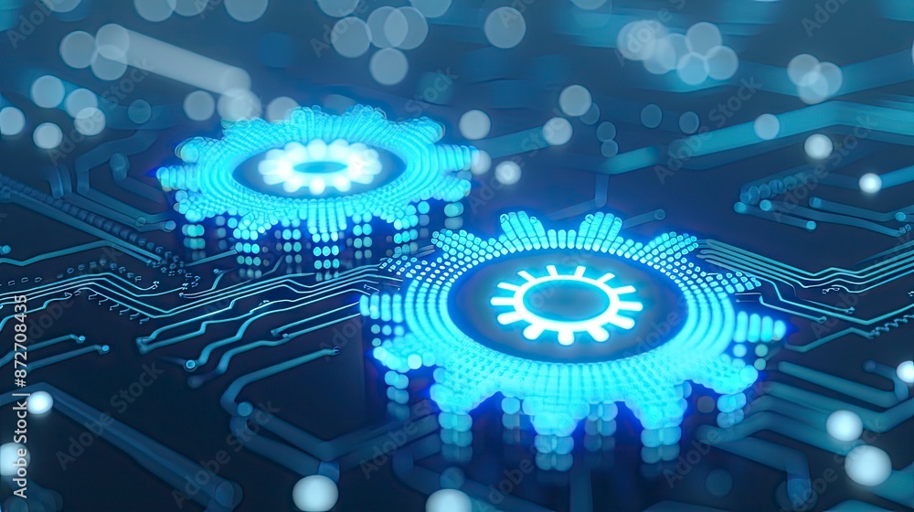 Two gears with digital blue holographic effect on digital circuit background Two gears with digital blue holographic effect on digital circuit background