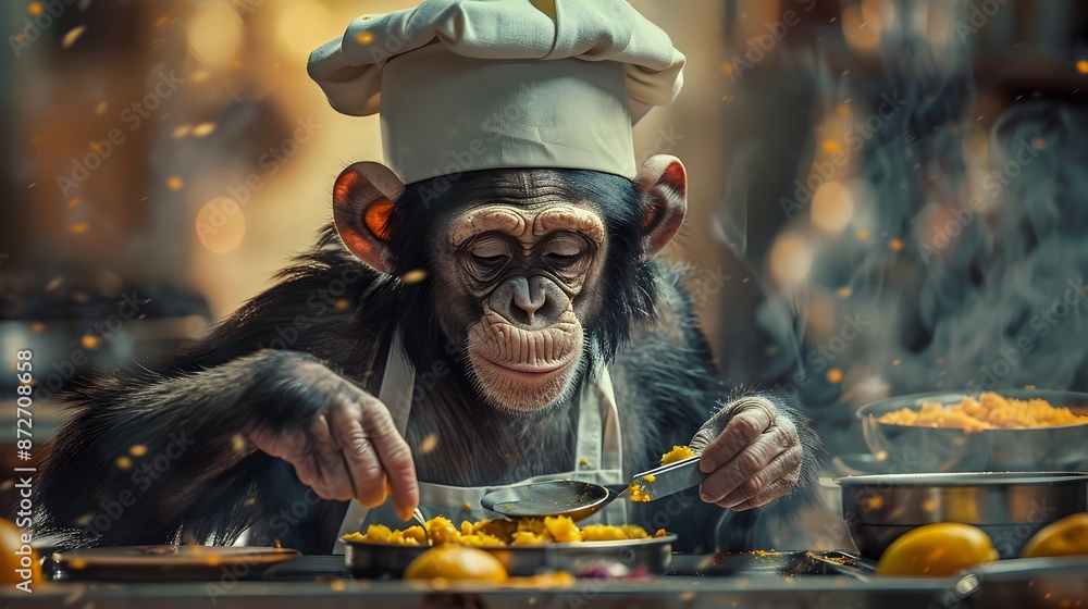Whimsical Simian Chef Preparing a Delectable Dish in a Vibrant,Surreal Kitchen Whimsical Simian Chef Preparing a Delectable Dish in a Vibrant,Surreal Kitchen
