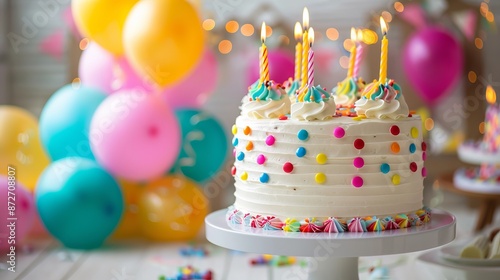 Birthday Cake With Candles And Balloons