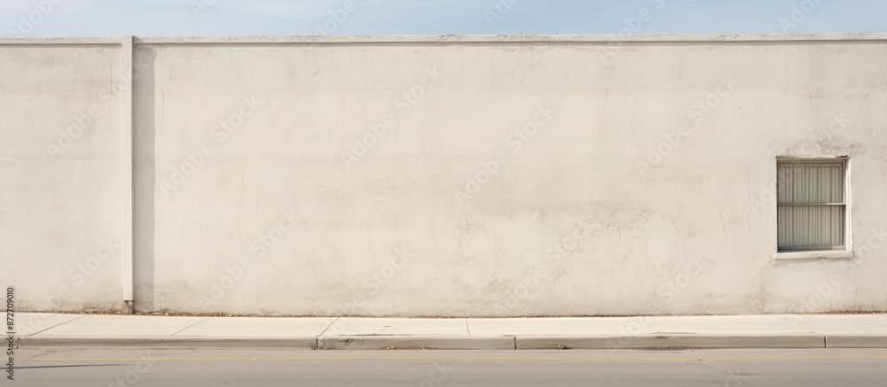 Weathered white wall surrounds a building with a sidewalk and road in front, creating a backdrop for a copy space image.