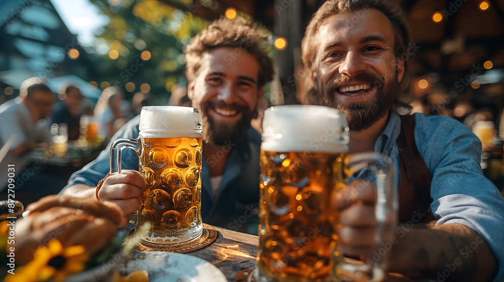 Smiling Friends Enjoying a Round of Beers at an Outdoor Gathering Smiling Friends Enjoying a Round of Beers at an Outdoor Gathering