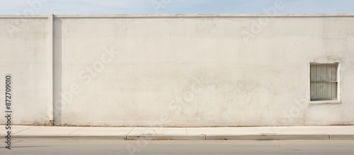 Obraz na płótnie Weathered white wall surrounds a building with a sidewalk and road in front, creating a backdrop for a copy space image. w salonie