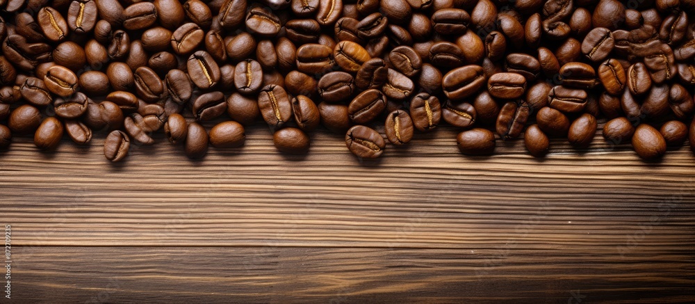 Coffee beans arranged on a wooden background with copy space image. Coffee beans arranged on a wooden background with copy space image.