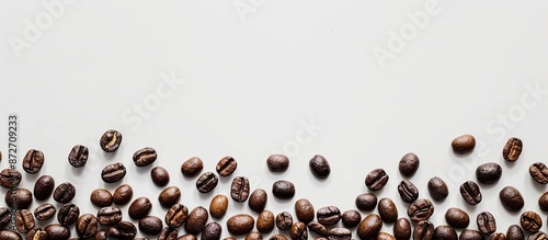 Top-down view of coffee beans creating a border on a white background, offering space for text. Ideal for a flat lay composition with a copy space image.