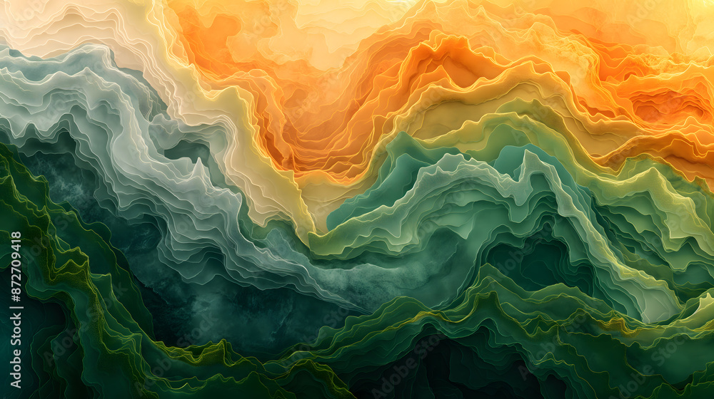 Obraz premium Abstract Topographic Lines in Vivid Orange and Green Hues