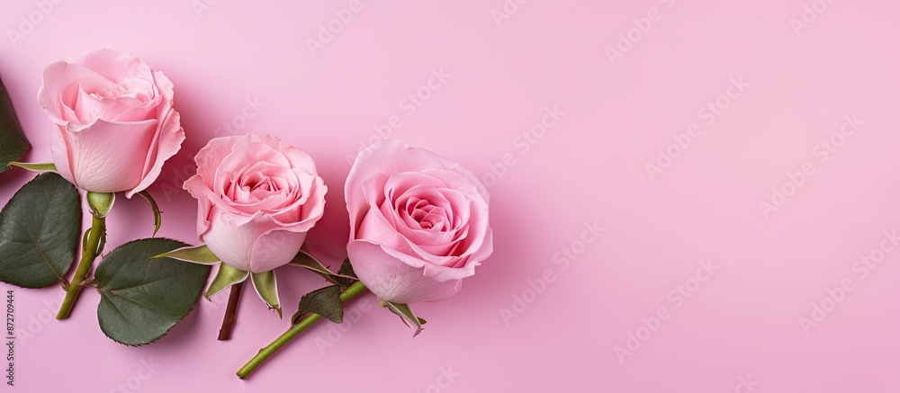 A flat lay of four pink roses on the lower edge of a pink backdrop, showcasing copy space for holiday and special occasion gift decorations. A flat lay of four pink roses on the lower edge of a pink backdrop, showcasing copy space for holiday and special occasion gift decorations.