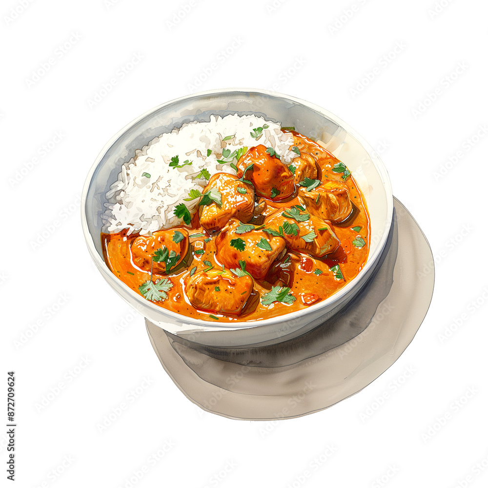 Watercolor illustration of butter chicken curry rice on white background Watercolor illustration of butter chicken curry rice on white background