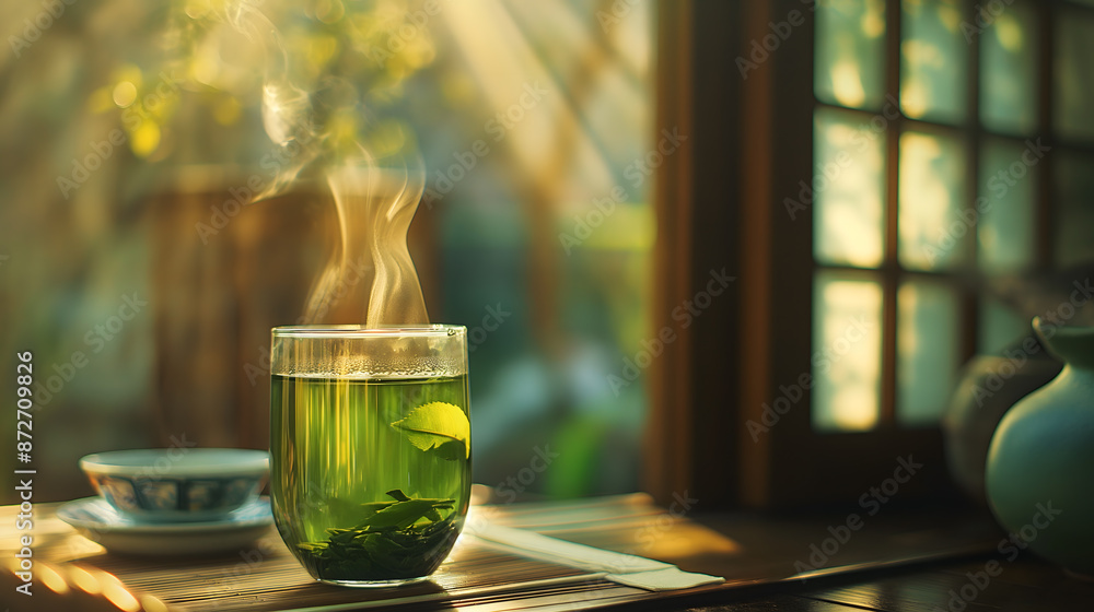 Serene Morning Tea Time - Enjoying Fresh Brewed Green Tea Serene Morning Tea Time - Enjoying Fresh Brewed Green Tea