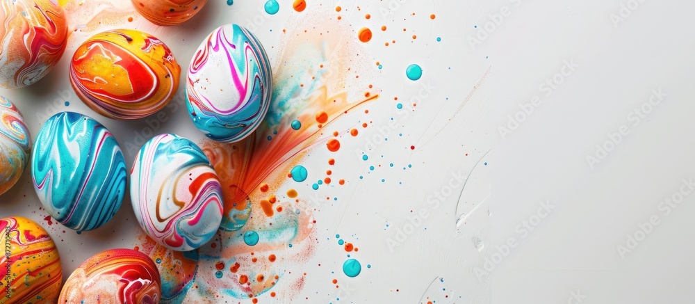 Colorful Easter eggs with marbled designs on a white backdrop with copy space image. Colorful Easter eggs with marbled designs on a white backdrop with copy space image.