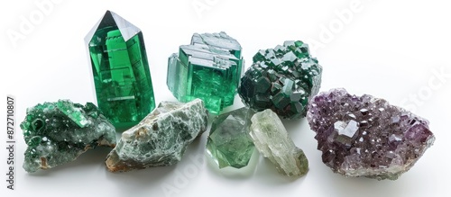 Various green crystals like emerald, sapphire, and tourmaline in their natural state are displayed on a white background with copy space image. photo