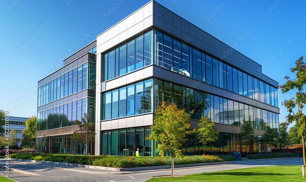 A modern office building with glass windows and green landscaping A modern office building with glass windows and green landscaping
