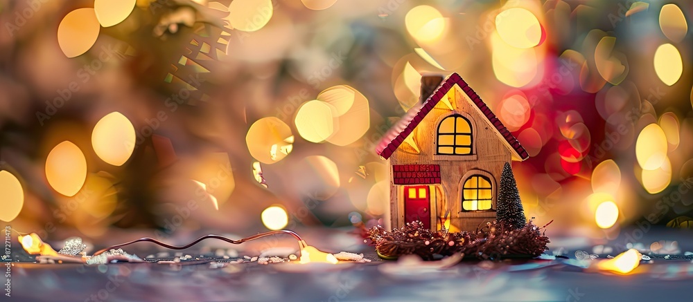 Copy space image of a toy house set against a blurred bokeh lights background. Copy space image of a toy house set against a blurred bokeh lights background.