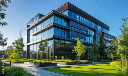 A modern office building with glass windows and green landscaping
