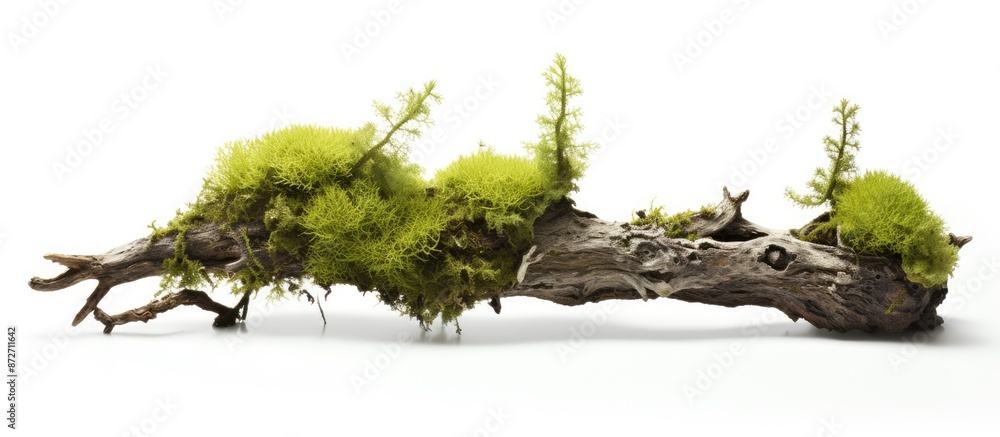 Platismatia glauca lichen on a spruce branch against a plain white backdrop with available copy space image. Platismatia glauca lichen on a spruce branch against a plain white backdrop with available copy space image.
