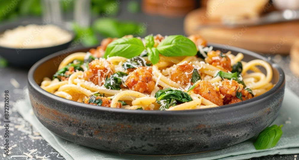 Delicious pasta dish with tomato sauce, spinach, and parmesan Delicious pasta dish with tomato sauce, spinach, and parmesan
