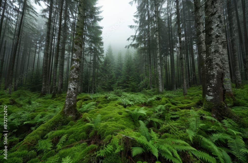Lush green forest with ferns and moss-covered trees Lush green forest with ferns and moss-covered trees