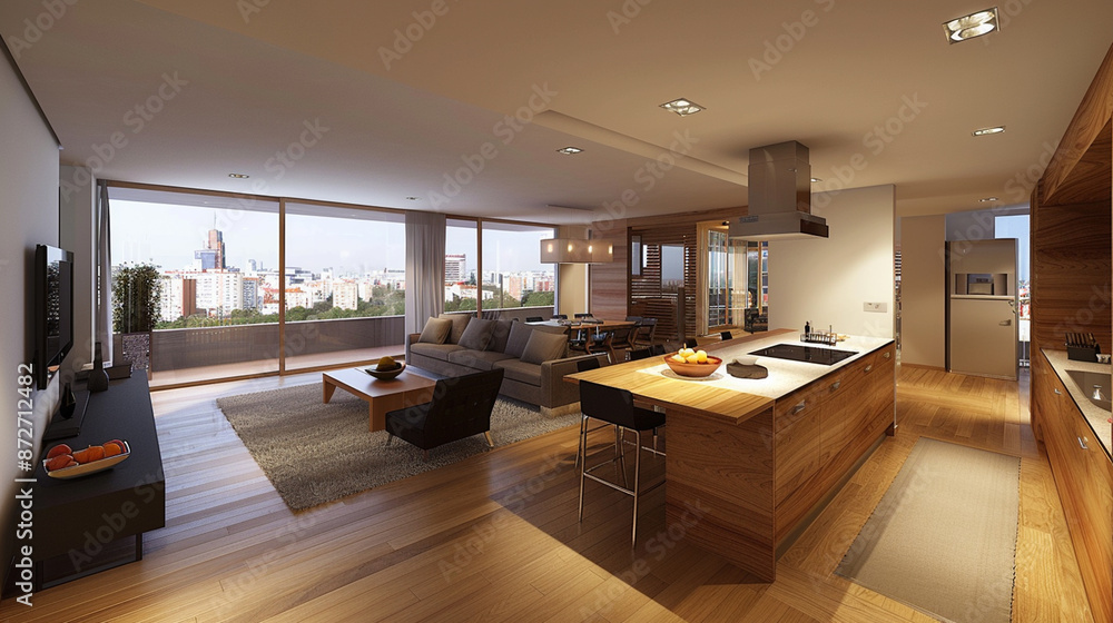 Contemporary living room with wooden flooring, modern furniture, and an open kitchen. Contemporary living room with wooden flooring, modern furniture, and an open kitchen.