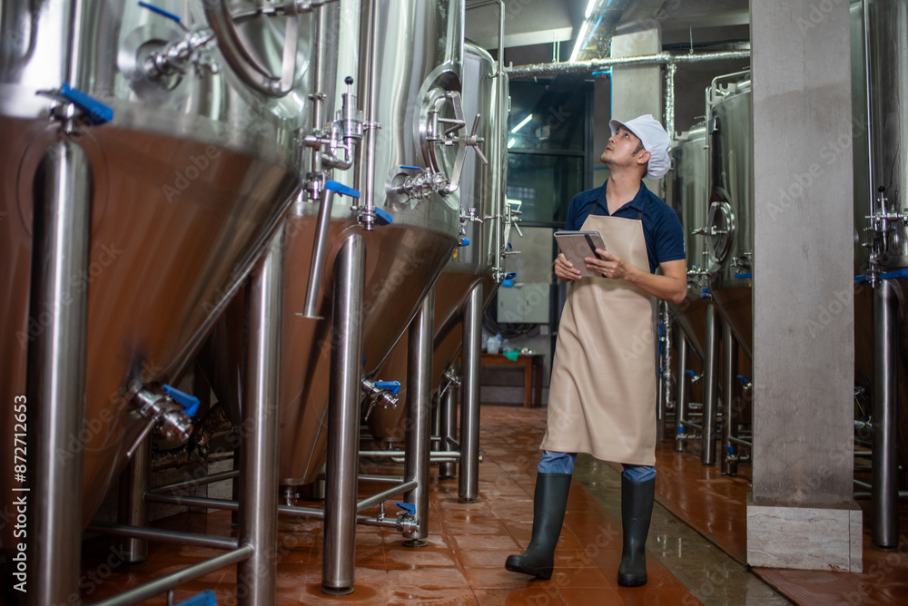 Asian man works at a craft beer factory as a brewer operating the brewery machinery. Craft beer production is a small business. Asian man works at a craft beer factory as a brewer operating the brewery machinery. Craft beer production is a small business.