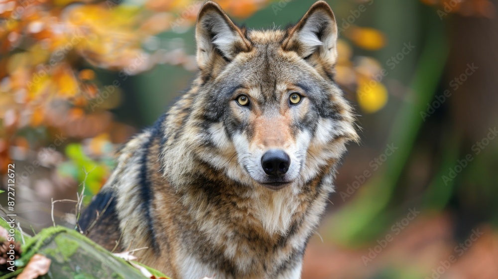 Obraz premium International Wolf Day. Horizontal banner. Portrait of a gray wolf against a background of yellow-green forest. Wildlife conservation concept. Environmental protection, animal protection