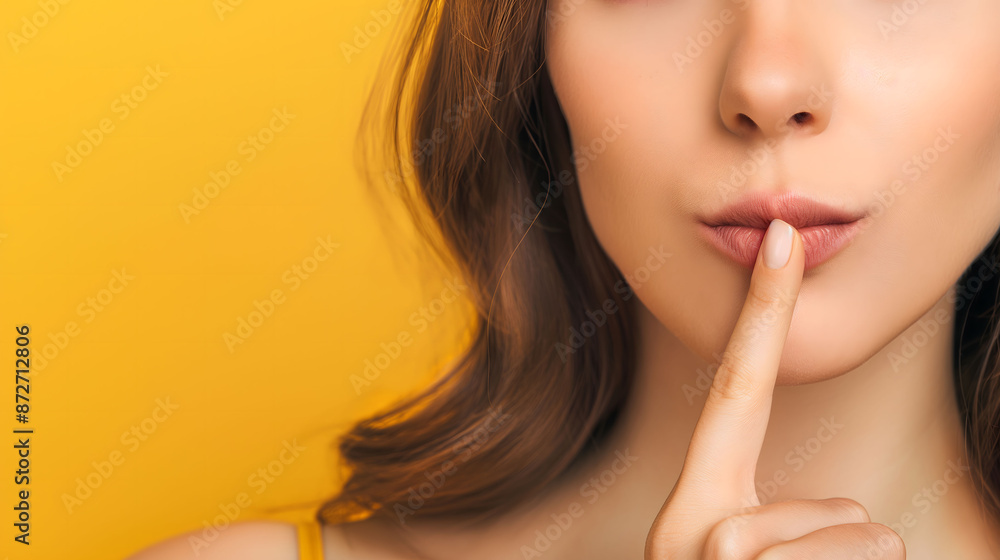 Woman Gesturing Silence with Finger on Lips Against Yellow Background Woman Gesturing Silence with Finger on Lips Against Yellow Background