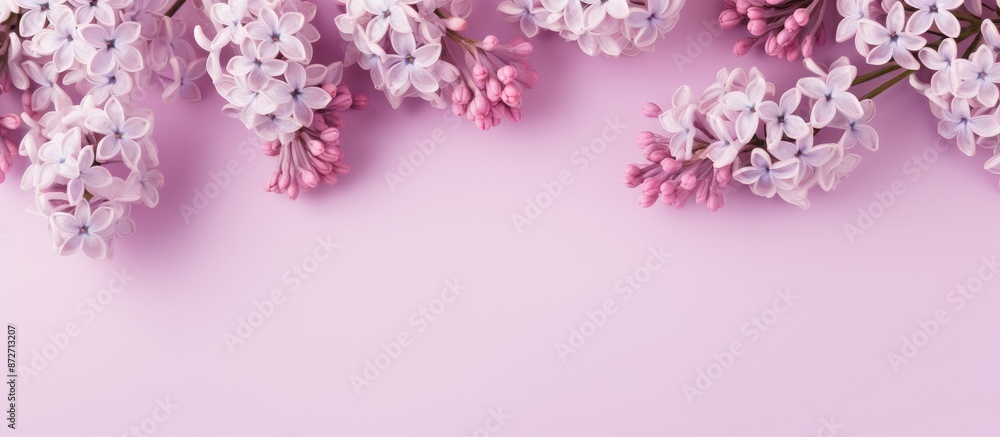 Fototapeta premium Delicate lilac flowers blooming on a pink backdrop in a lovely copy space image.