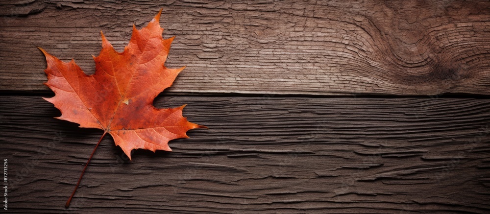 Obraz premium Fallen leaf on a rustic wooden surface with a blank area for a picture (copy space image).