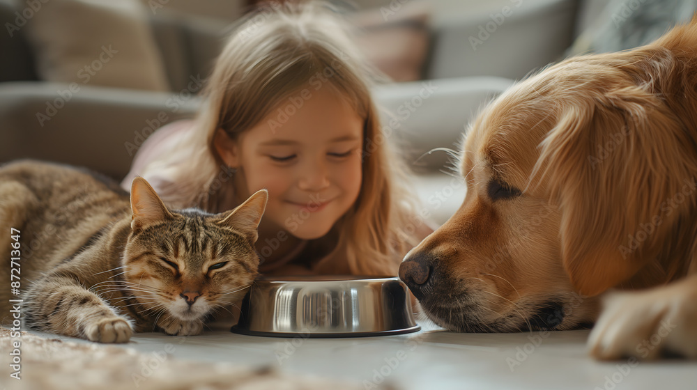 Tender Moment Among Girl, Cat, and Dog with Food Bowls at Home Tender Moment Among Girl, Cat, and Dog with Food Bowls at Home