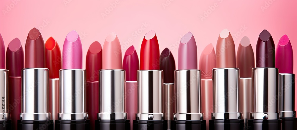 Close-up of various lipsticks against a pink backdrop with copy space image. Close-up of various lipsticks against a pink backdrop with copy space image.