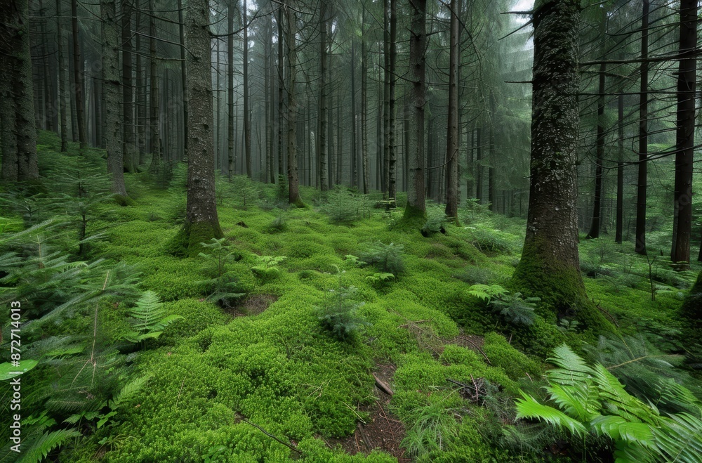 Lush green forest with moss-covered trees Lush green forest with moss-covered trees