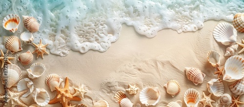 Fototapeta Naklejka Na Ścianę i Meble -  Summer beach scene with seashells and sand as a background, suitable for a flat lay copy space image.