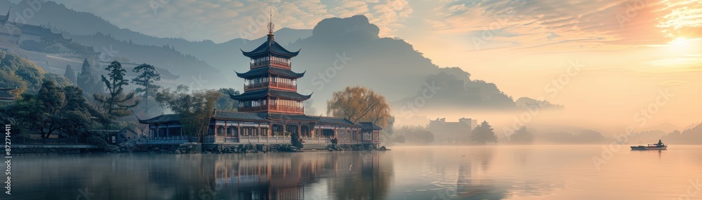 Naklejka premium Serene morning landscape with traditional Asian pagoda on a lake surrounded by mountains, with soft mist and a tranquil ambiance.