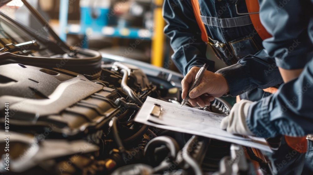 Auto repair worker examining the engine and recording observations on a clipboard Auto repair worker examining the engine and recording observations on a clipboard