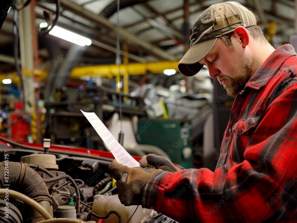 Auto repair worker inspecting the engine and documenting observations on a checklist Auto repair worker inspecting the engine and documenting observations on a checklist