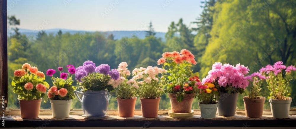 Spring flowers in pots are displayed on a windowsill in a top-view copy space image. It shows a summer landscape with blooming flowers. Spring flowers in pots are displayed on a windowsill in a top-view copy space image. It shows a summer landscape with blooming flowers.