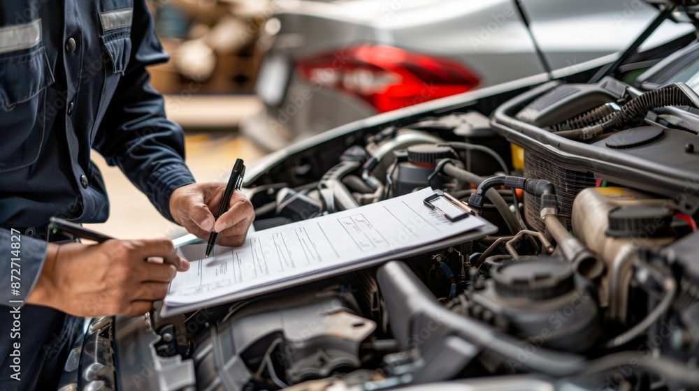 Automotive technician examining the engine bay and recording findings on a clipboard Automotive technician examining the engine bay and recording findings on a clipboard