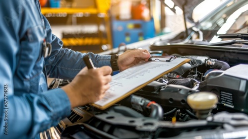 Automotive technician examining the engine bay and recording findings on a clipboard
