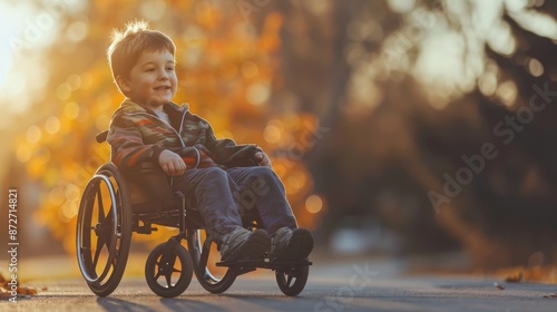 Spinal Muscular Atrophy Awareness Month. A boy with SMA in a wheelchair on the street in the sunlight. The concept of treatment and inclusion of sick children into society photo