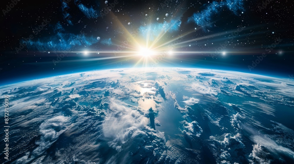 Stunning view of planet Earth from space, with detailed cloud formations, raw style capturing the planet's majesty against the void Stunning view of planet Earth from space, with detailed cloud formations, raw style capturing the planet's majesty against the void