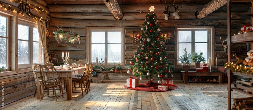 The interior of a country house is decorated with a Christmas tree in anticipation of the holiday. a large spacious light room is decorated with wood. the table is festively served