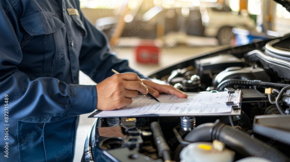 Obraz premium Car service expert inspecting the engine and documenting findings on a checklist