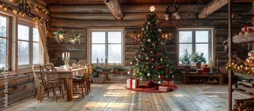 Obraz na płótnie The interior of a country house is decorated with a Christmas tree in anticipation of the holiday. a large spacious light room is decorated with wood. the table is festively served w salonie
