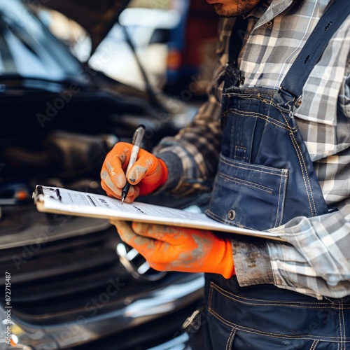Mechanic conducting a detailed engine checkup and writing down findings on a clipboard