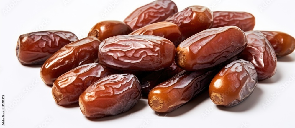 A bunch of big Medjool dates showcased in a closeup, against a white backdrop, with space for additional images. A bunch of big Medjool dates showcased in a closeup, against a white backdrop, with space for additional images.