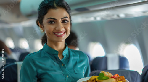 young beautiful indian attendant serving meal in the airplane photo