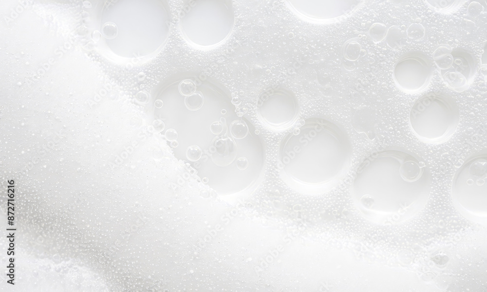 Closeup view of white foam texture with various bubble sizes on light background, suitable for concepts of cleanliness, purity, and cosmetics Closeup view of white foam texture with various bubble sizes on light background, suitable for concepts of cleanliness, purity, and cosmetics