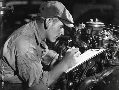 Mechanic performing a detailed engine inspection and writing down findings on a clipboard © somchit
