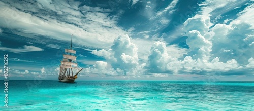 Fototapeta Naklejka Na Ścianę i Meble -  Copy space image of a ship sailing on the horizon of a lagoon with turquoise blue water under a cloudy sky.