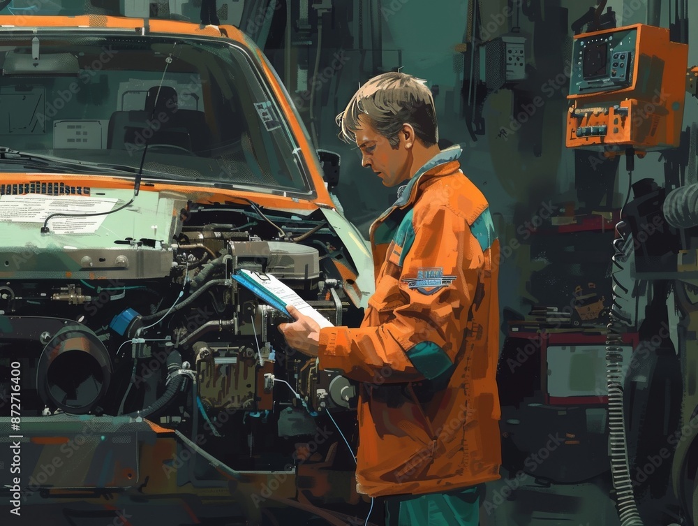 Mechanic with a clipboard, checking the engine in a workshop Mechanic with a clipboard, checking the engine in a workshop