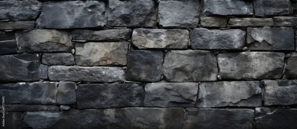 Frontal view of a dark stone wall texture with an aged, cracked, and grungy appearance, providing a background with empty copy space image. Frontal view of a dark stone wall texture with an aged, cracked, and grungy appearance, providing a background with empty copy space image.