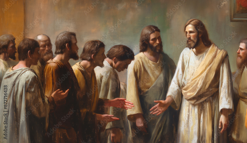 Naklejka premium Religious painting depicting Jesus Christ with his apostles in a warm toned room. Spirituality, faith, Christianity, religious art, biblical scene, inspirational artwork.